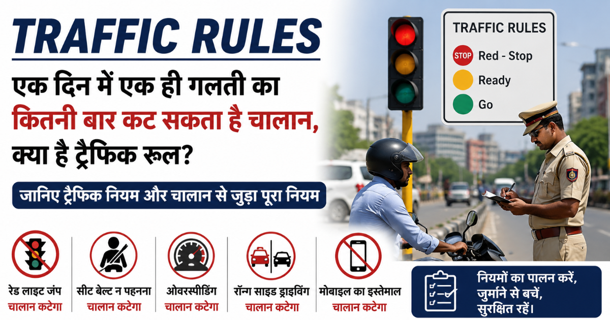 Traffic Rules India 2026 infographic showing how many times challan can be issued in one day for same violation like overspeeding, red light jump and seat belt rules