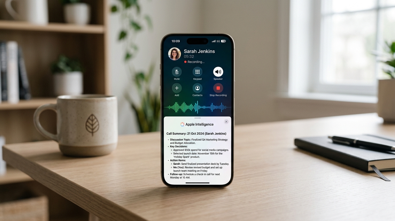 iOS 18.1 official call recording interface and Apple Intelligence generated live notes summary