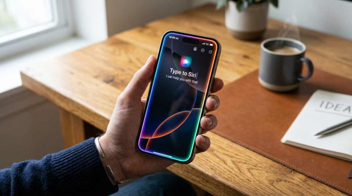 iPhone 16 displaying iOS 18.1 with colorful animated glowing edges of Apple Intelligence Siri and Type to Siri interface