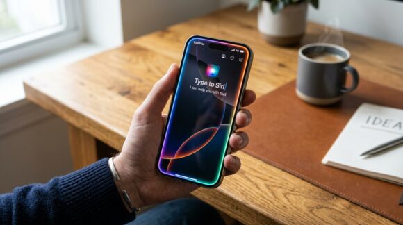 iPhone 16 displaying iOS 18.1 with colorful animated glowing edges of Apple Intelligence Siri and Type to Siri interface