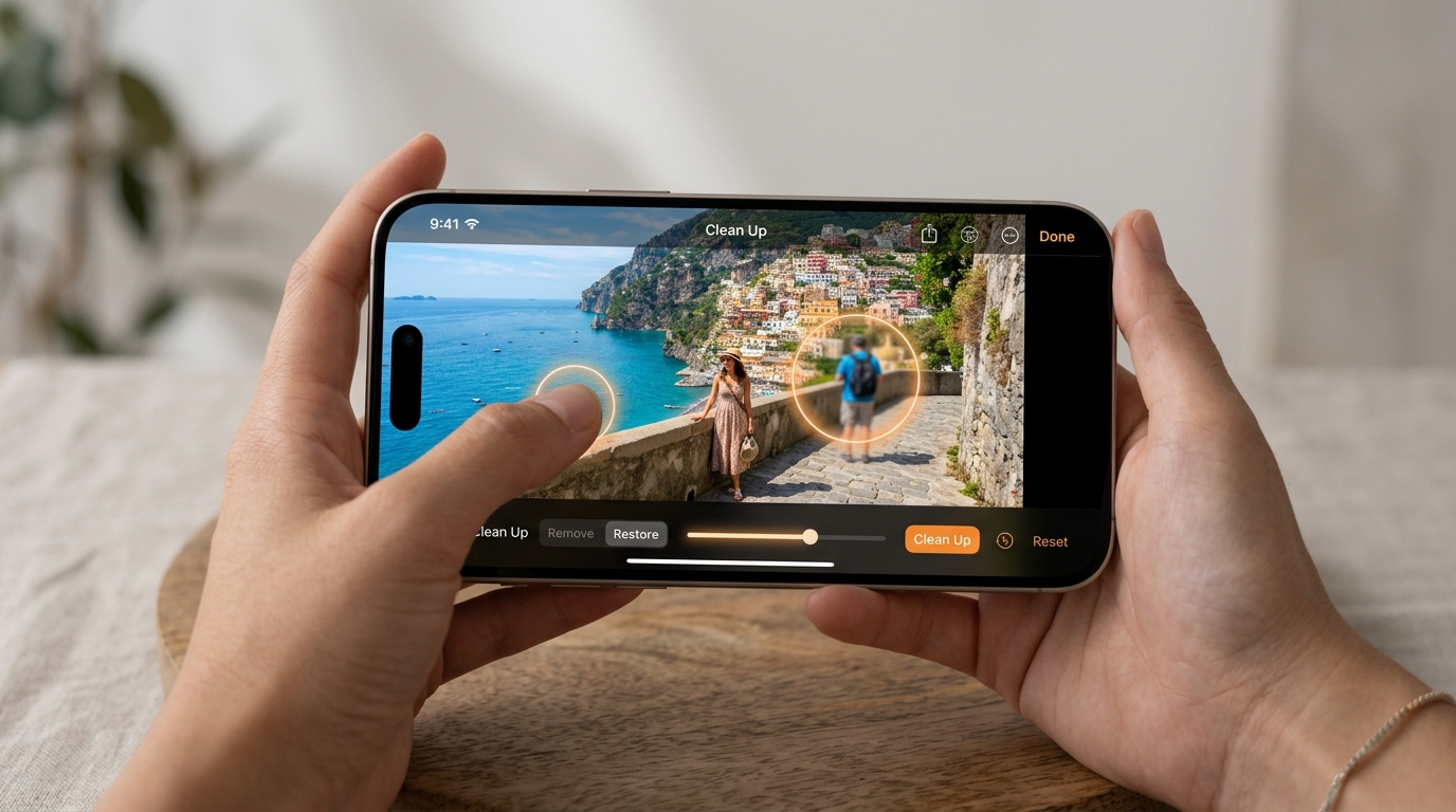 Apple Intelligence Clean Up photo editing feature in Photos app removing background tourists