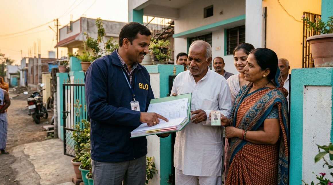 Booth Level Officer verifying voter ID card with citizen in India