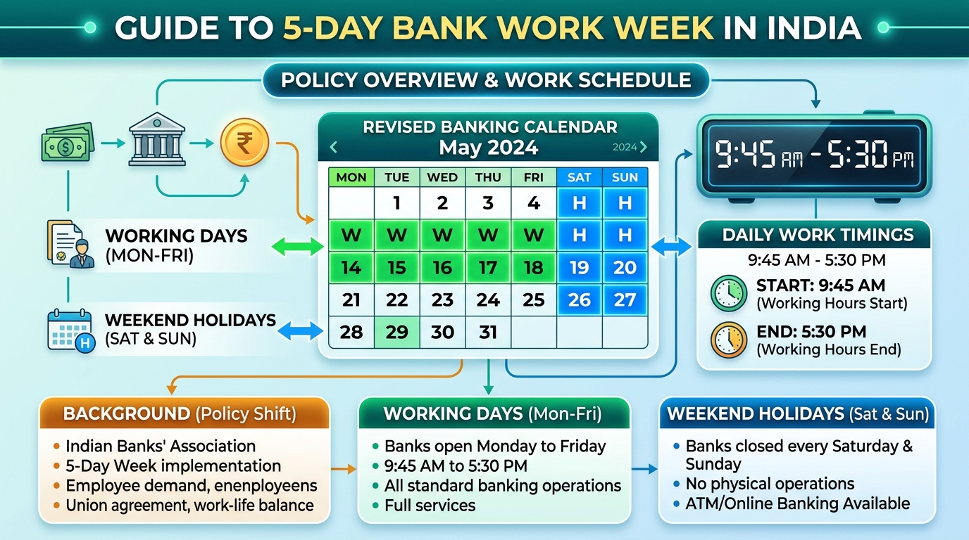 Policy overview graphic illustrating 5-day bank work week in India showing Monday to Friday working hours