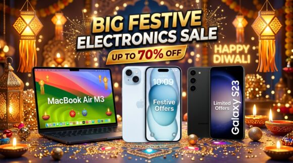 Festive Diwali celebration banner featuring iPhone 15, Galaxy S23 and MacBook Air with big discount badges