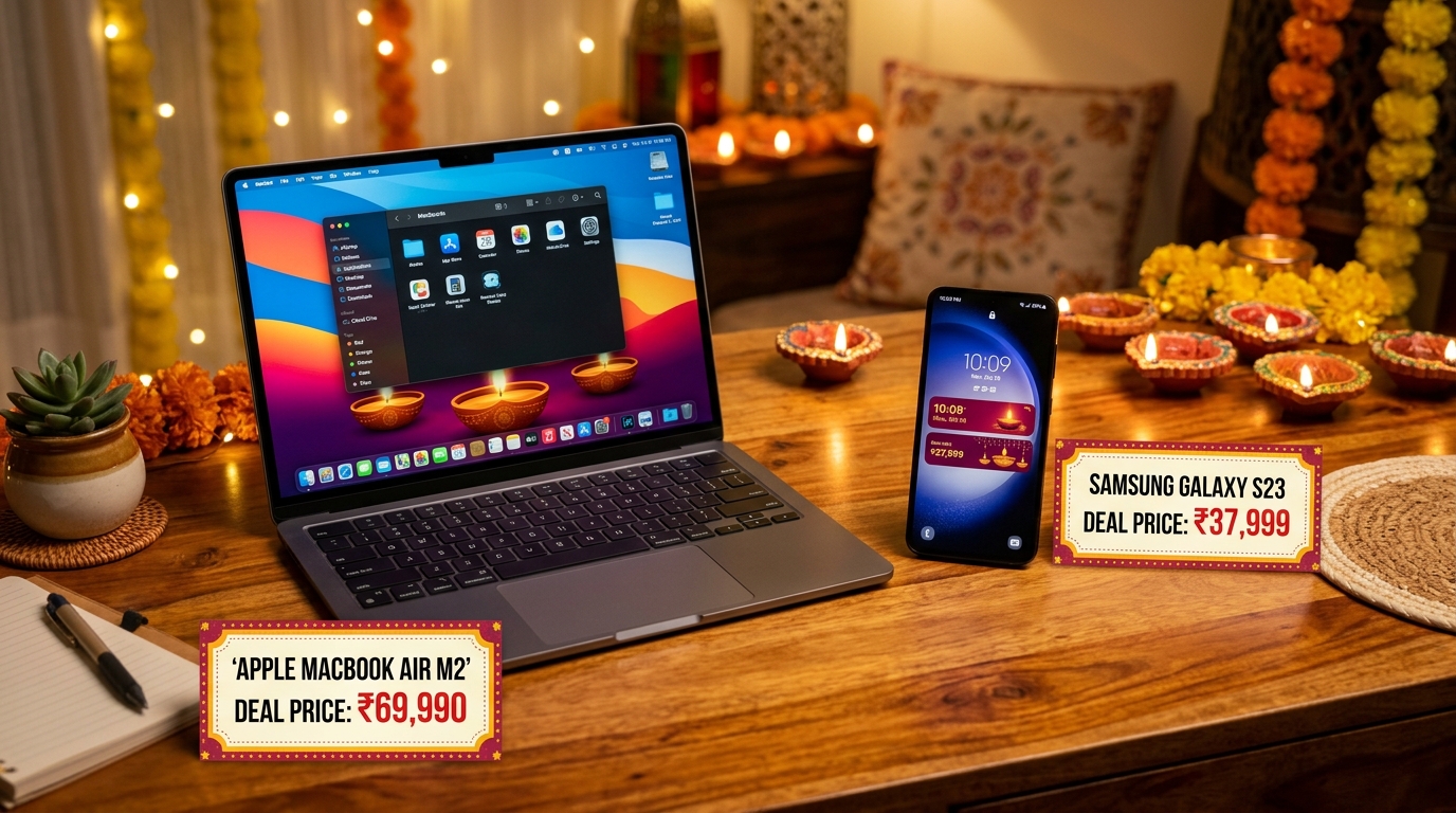 Samsung Galaxy S23 and Apple MacBook Air M2 historic festive sale prices on festive wooden desk