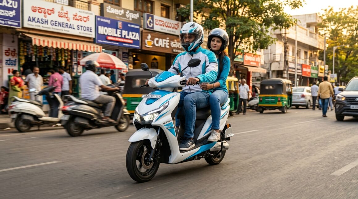 Honda QC3 electric scooter in white and electric blue color riding on Indian city road with pillion
