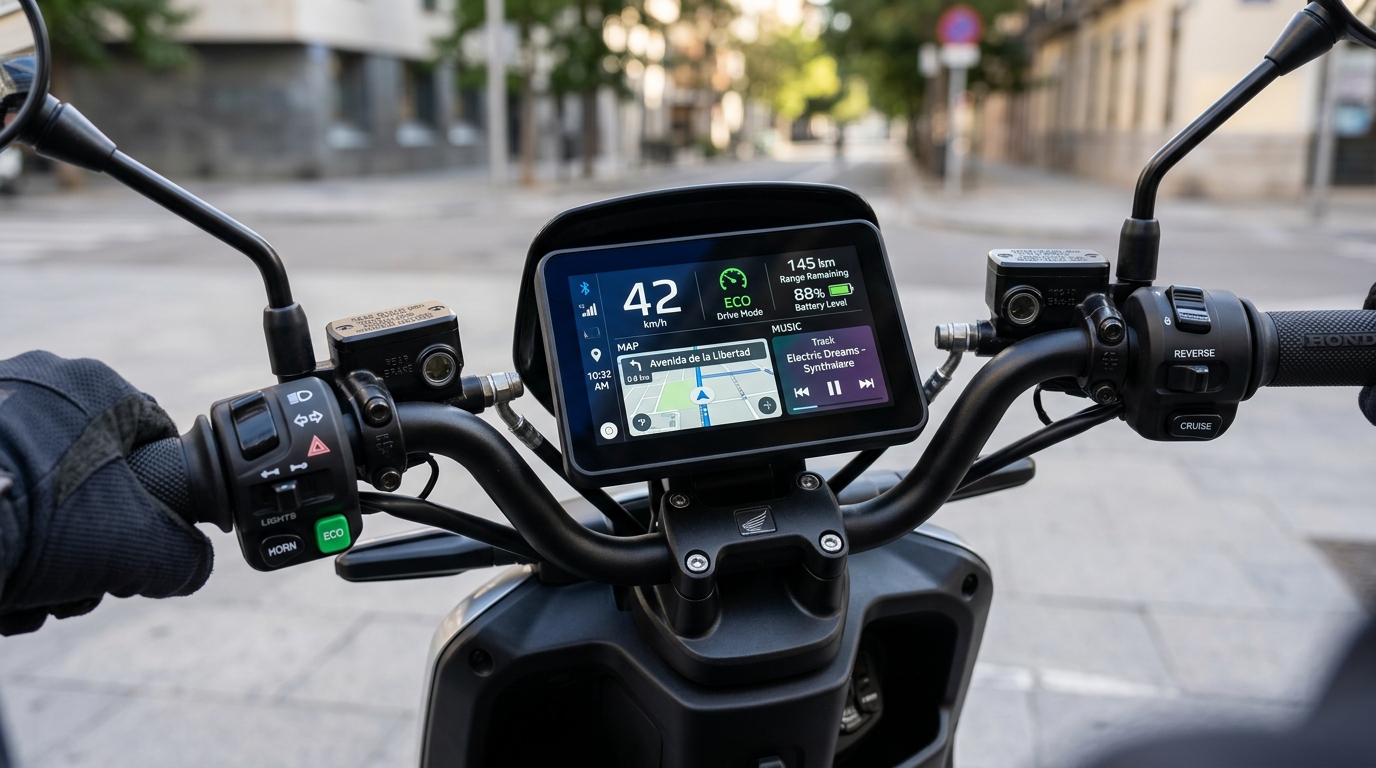 Honda QC3 electric scooter 7-inch digital TFT display showing 145 km range remaining, turn by turn GPS map, battery percentage and handlebar switches