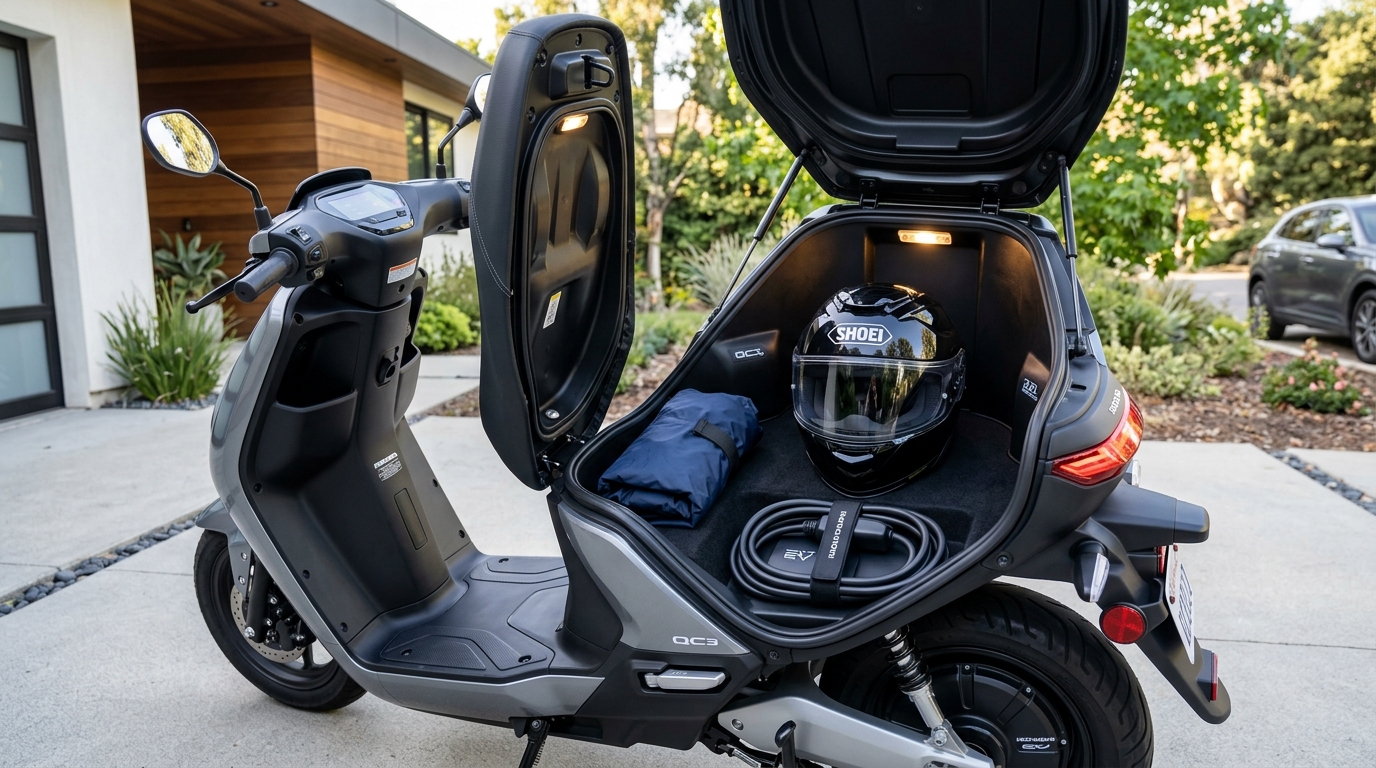Honda QC3 open seat underseat boot storage 32 liters capacity holding full face helmet and home charger plug cable