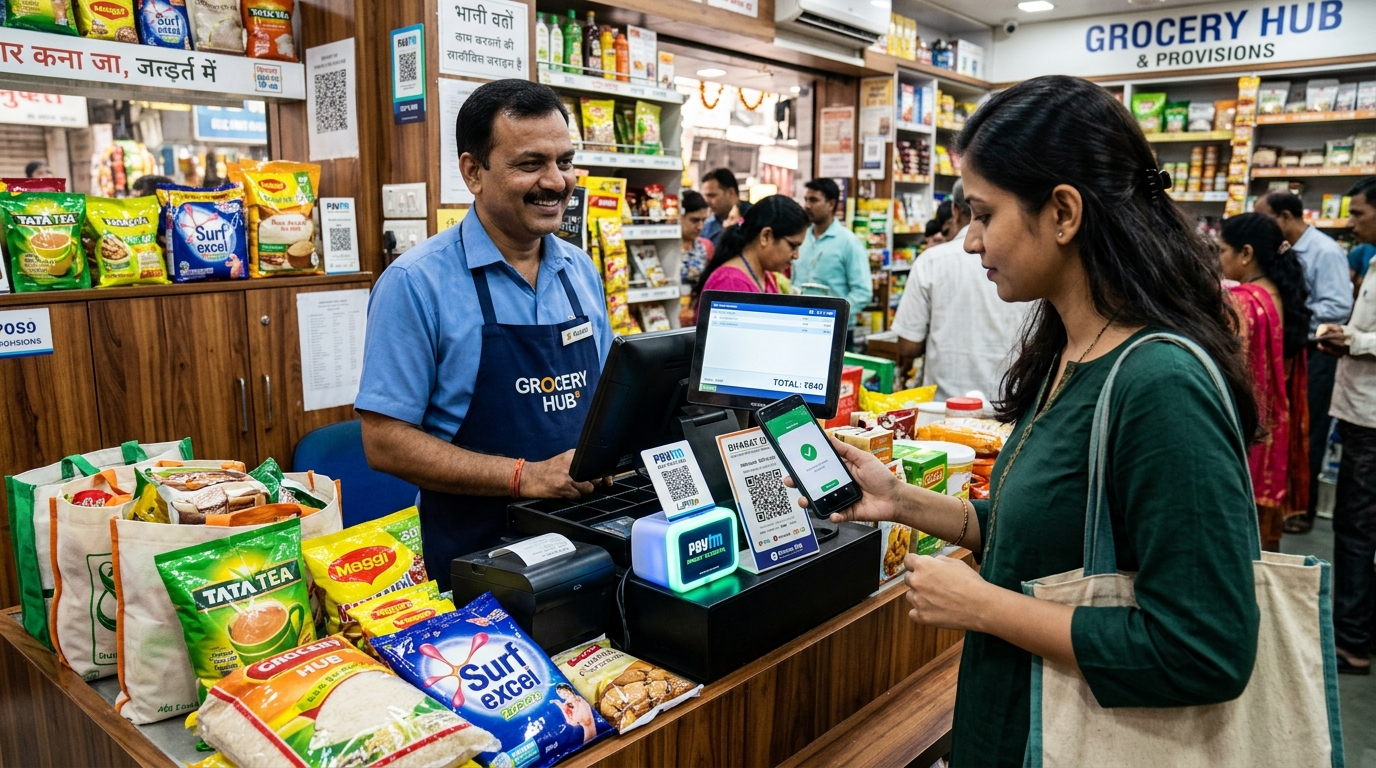 Indian grocery shop checkout counter with customer scanning UPI QR code on smartphone