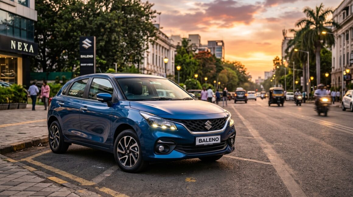 Maruti Baleno Facelift 2026 modern hatchback on Indian city road