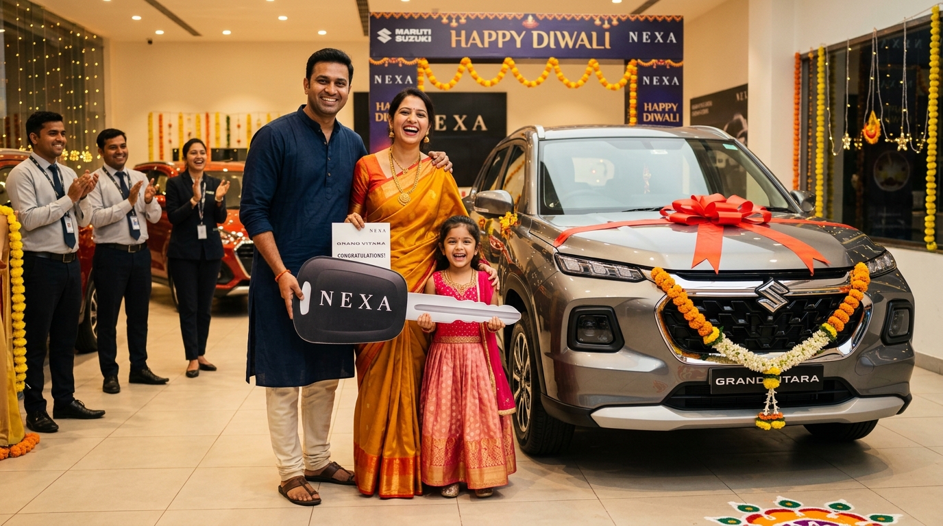 Indian family receiving new Maruti Nexa car delivery with big celebratory key during Diwali festive season