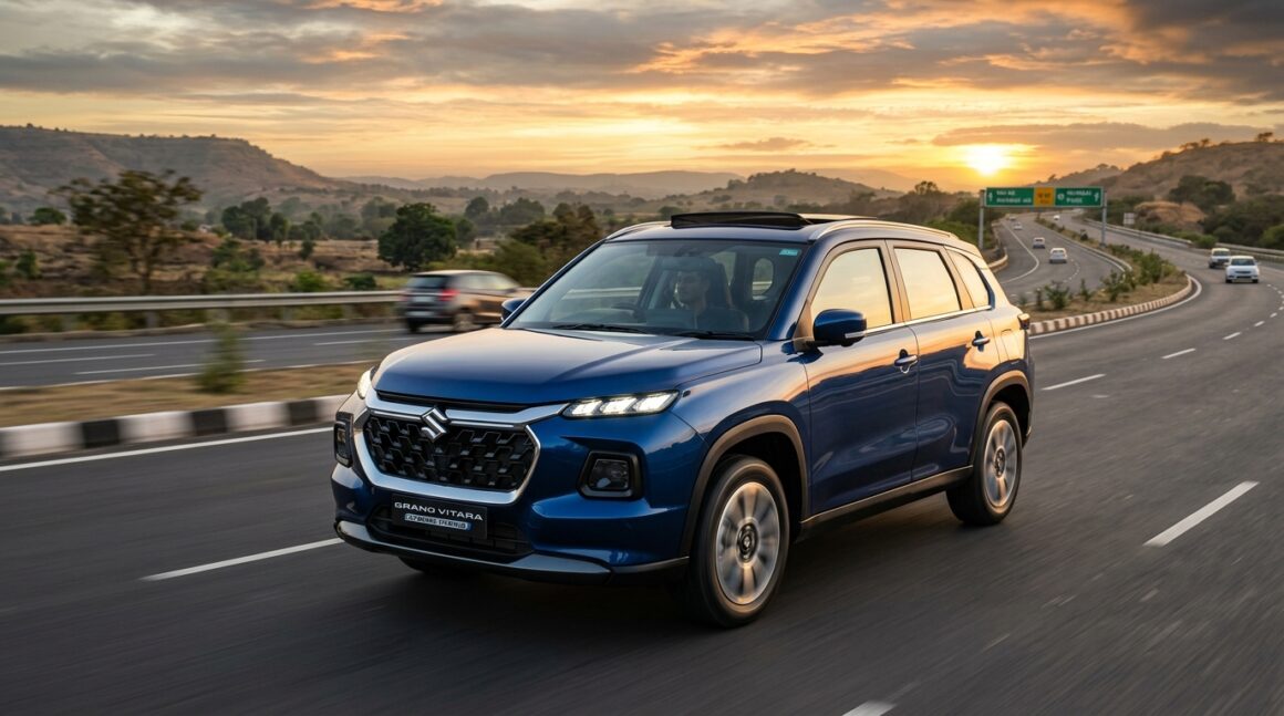 Maruti Suzuki Grand Vitara Strong Hybrid Festive Discount Maruti Suzuki Grand Vitara Strong Hybrid SUV in Nexa Celestial Blue cruising on expressway during sunset