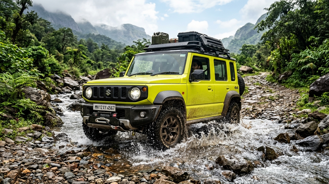 Maruti Jimny 5 door 4x4 Kinetic Yellow offroad crossing river water splash in mountain trail