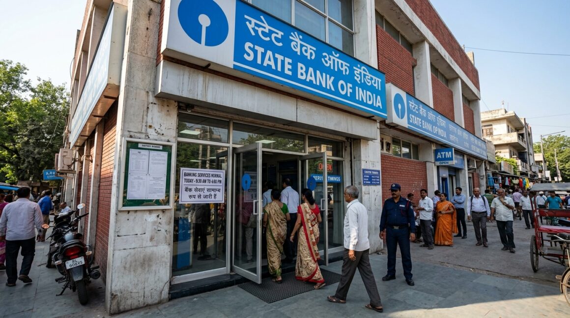 State Bank of India branch entrance in Delhi operating normally as citizens enter peacefully following the deferred nationwide bank strike
