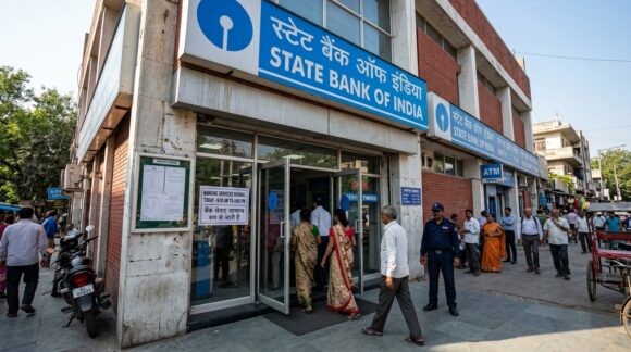 State Bank of India branch entrance in Delhi operating normally as citizens enter peacefully following the deferred nationwide bank strike