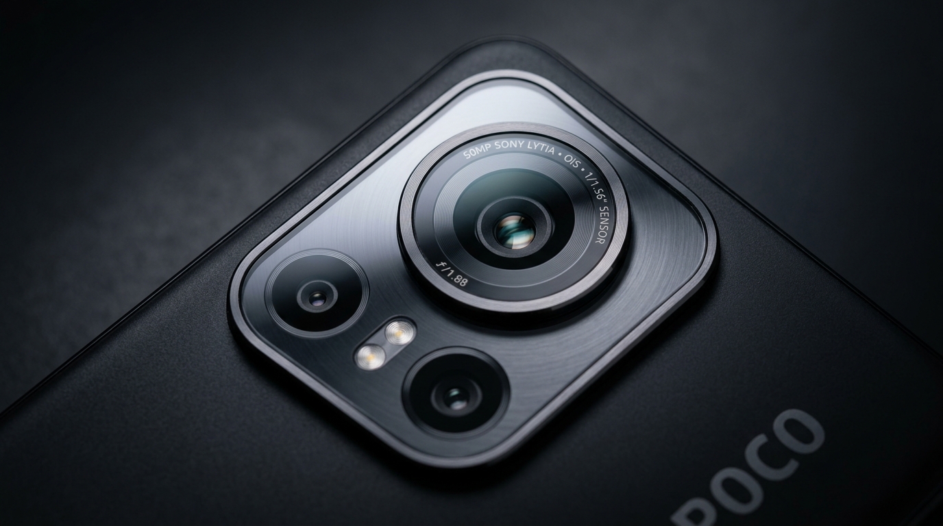 POCO X8 Power 50MP Sony LYTIA 600 OIS camera lens close-up view