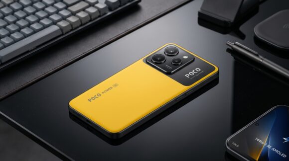 POCO X8 Power 5G smartphone showing cyber yellow matte finish, slim 8.9mm body, and 1.5K 144Hz AMOLED display