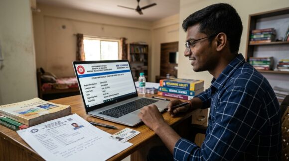Indian candidate checking Railway Recruitment Board RRB Technician exam city intimation slip 2026 on laptop at study desk