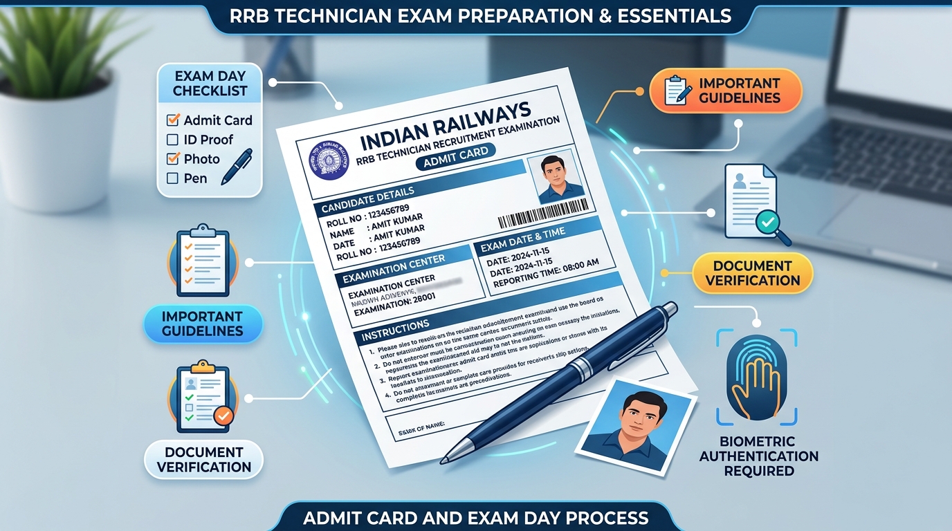 Essential candidate guide and checklist for RRB Technician exam showing printed admit card, ID proof, and biometric process