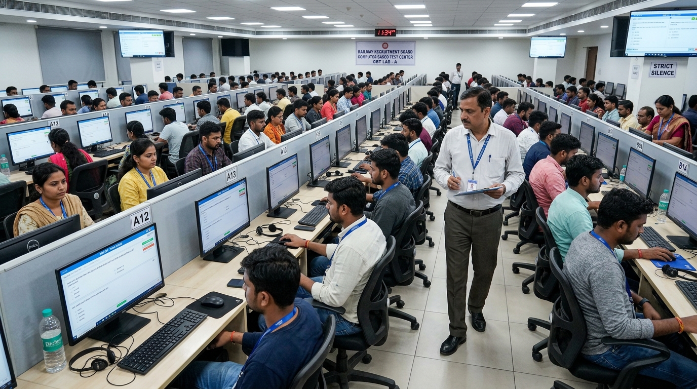 Indian Railway recruitment computer based test CBT examination hall with students taking test