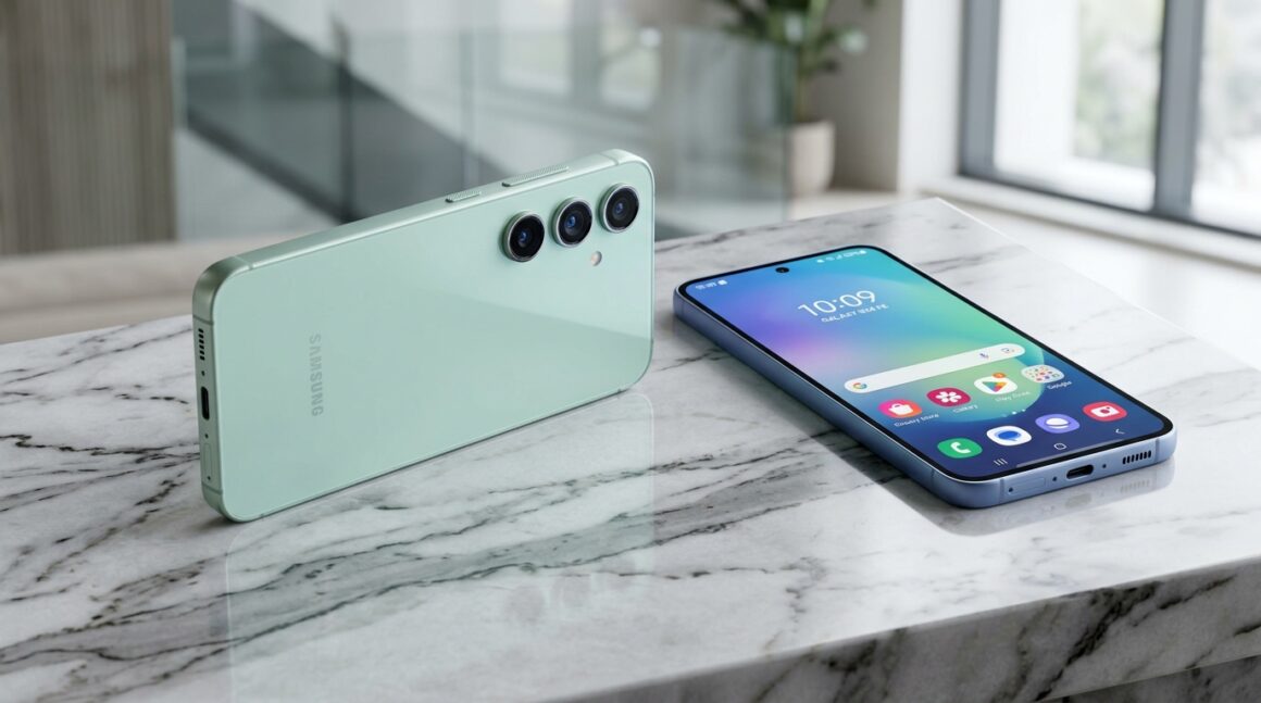 Samsung Galaxy S24 FE in Mint and Blue featuring flat aluminum frame and triple floating camera lenses