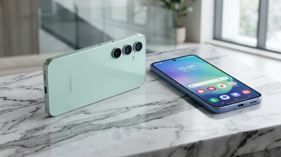 Samsung Galaxy S24 FE in Mint and Blue featuring flat aluminum frame and triple floating camera lenses