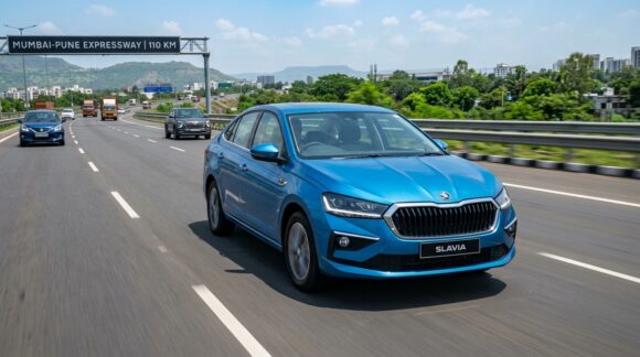 New 2026 Skoda Slavia facelift sedan in metallic lava blue driving on expressway with crystalline LED headlamps and refreshed chrome grille