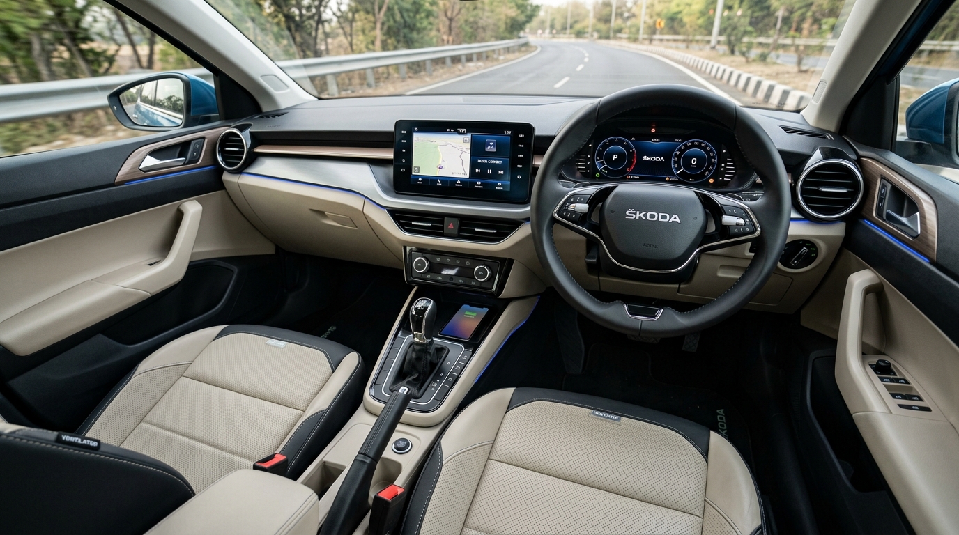 2026 Skoda Slavia facelift interior dashboard showing 10.1-inch floating touchscreen, digital instrument cluster, ventilated seats and leather flat-bottom steering wheel