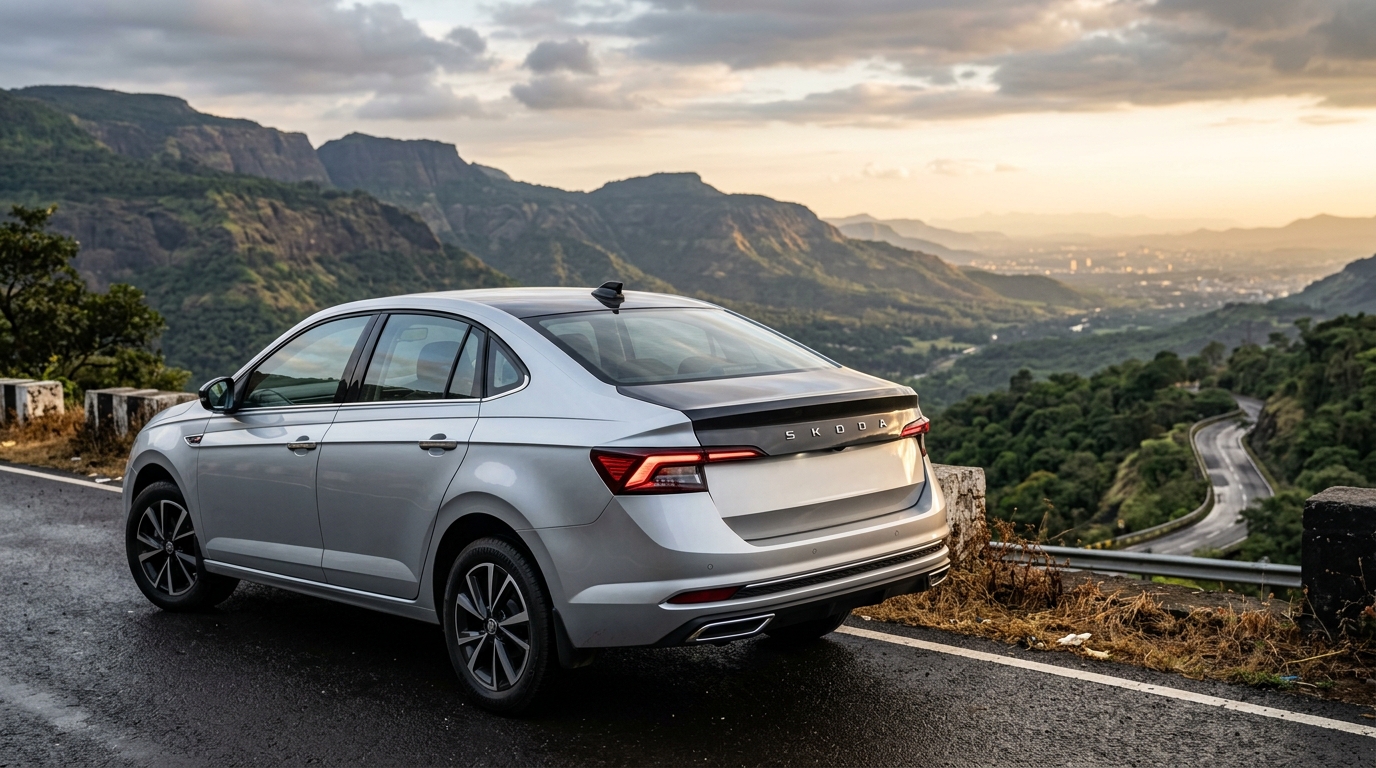 2026 Skoda Slavia facelift rear three-quarter view showing smoked crystalline LED taillights, bold SKODA chrome lettering, and 521-liter boot