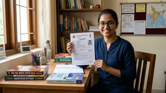 Confident Indian candidate holding printed SSC CGL 2026 Tier 1 admit card at study desk with competitive exam books