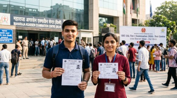 SSC CGL 2026 candidates holding admit cards at examination center