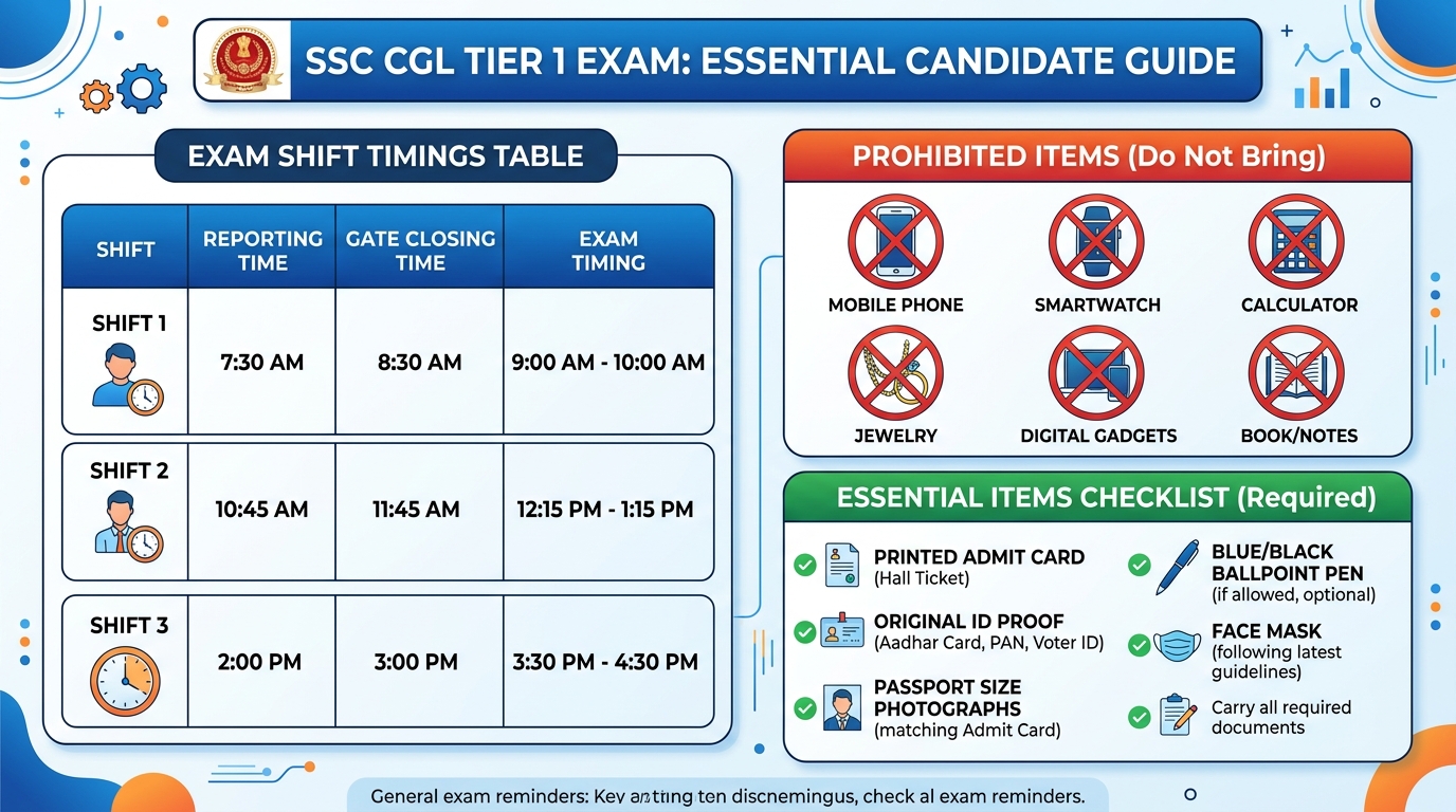 Candidate guide showing SSC CGL Tier 1 exam shift timings table and prohibited items checklist