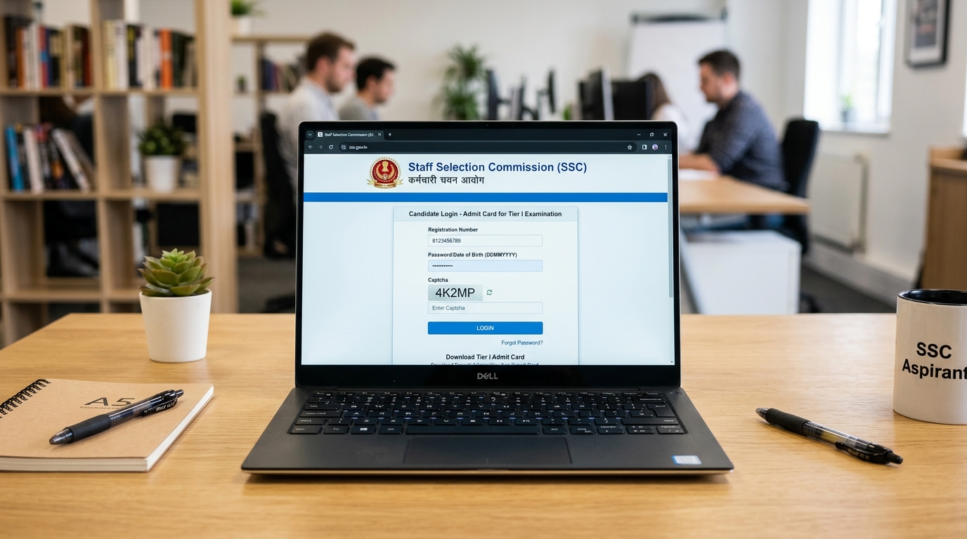 Laptop display showing official Staff Selection Commission ssc.gov.in candidate login screen