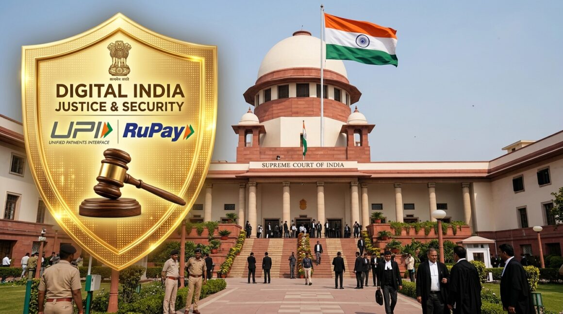 Supreme Court of India facade with gavel and Digital India UPI RuPay payment security emblem