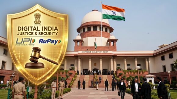 Supreme Court of India facade with gavel and Digital India UPI RuPay payment security emblem