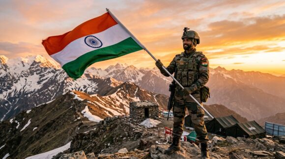 Indian army special forces commando holding national tricolor flag