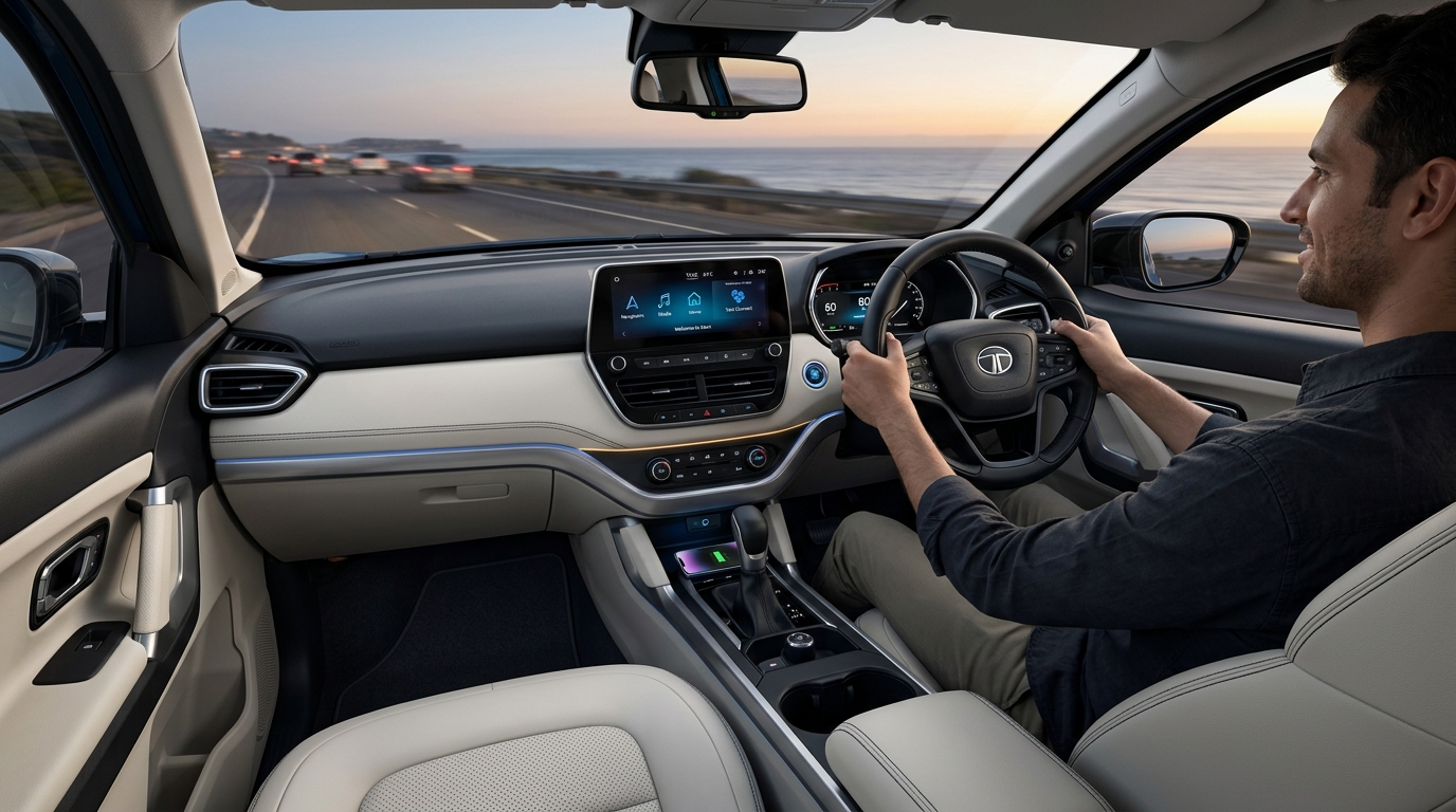 Tata Aeris interior dashboard showing 10.25-inch floating screen, digital instrument cluster, ventilated seats and leather flat-bottom steering wheel