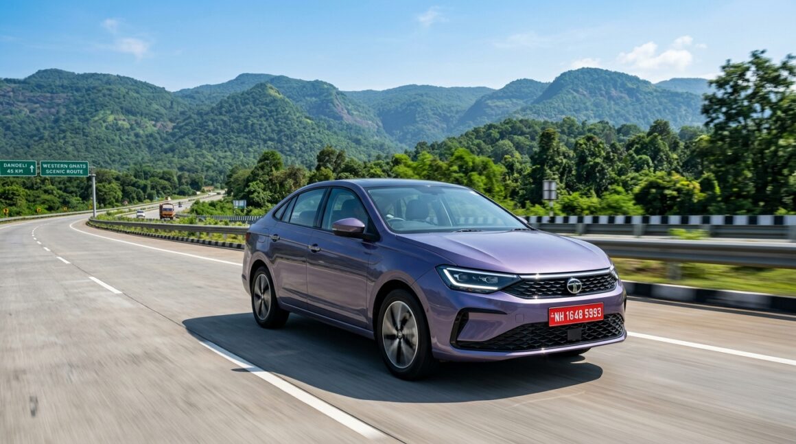 Tata Aeris compact sedan exterior front and side profile in Dandeli Drizzle lavender on Indian highway