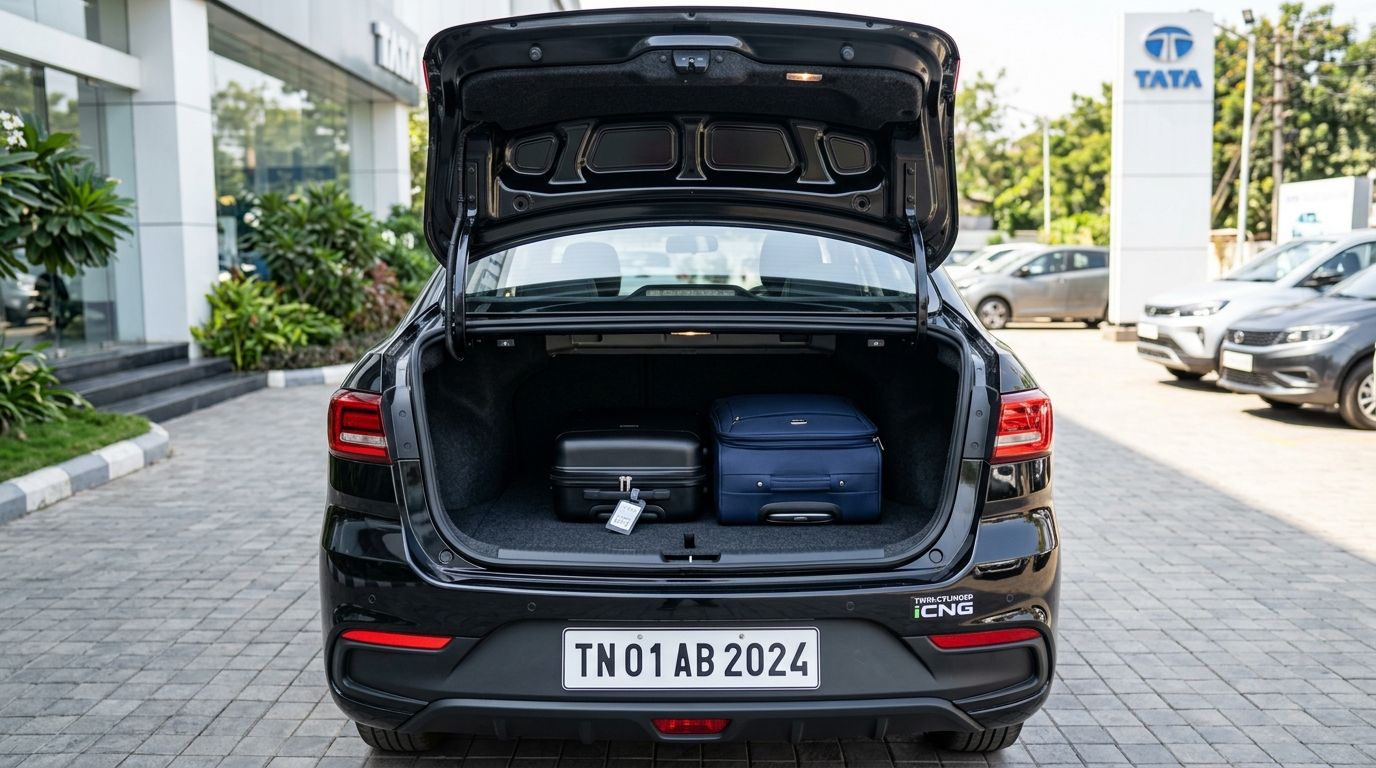 Tata Aeris rear trunk showing 419-liter boot capacity with Twin-Cylinder iCNG tanks neatly placed beneath flat loading floor