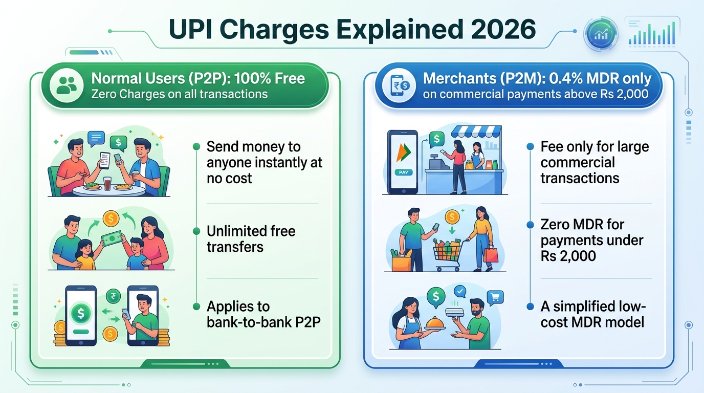 Comprehensive infographic explaining UPI charges showing normal users P2P 100 percent free versus 0.4 percent MDR on commercial merchants