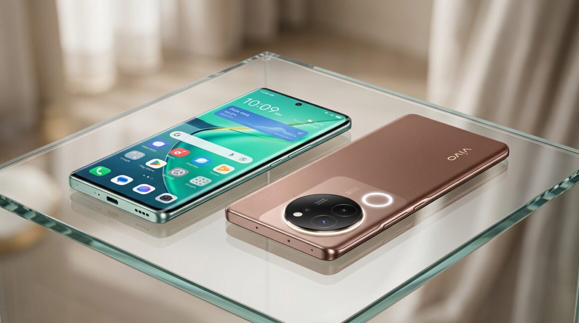 Vivo V40e 5G smartphone showcasing slim 3D curved AMOLED display in Royal Bronze and Mint Green finish