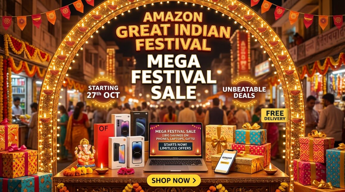 Amazon Great Indian Festival 2026 Festive Deals SBI Offers Amazon Great Indian Festival 2026 festive shopping sale banner with smartphones laptops and gifts