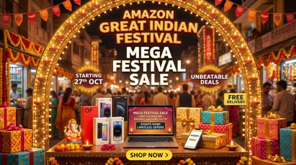 Amazon Great Indian Festival 2026 festive shopping sale banner with smartphones laptops and gifts