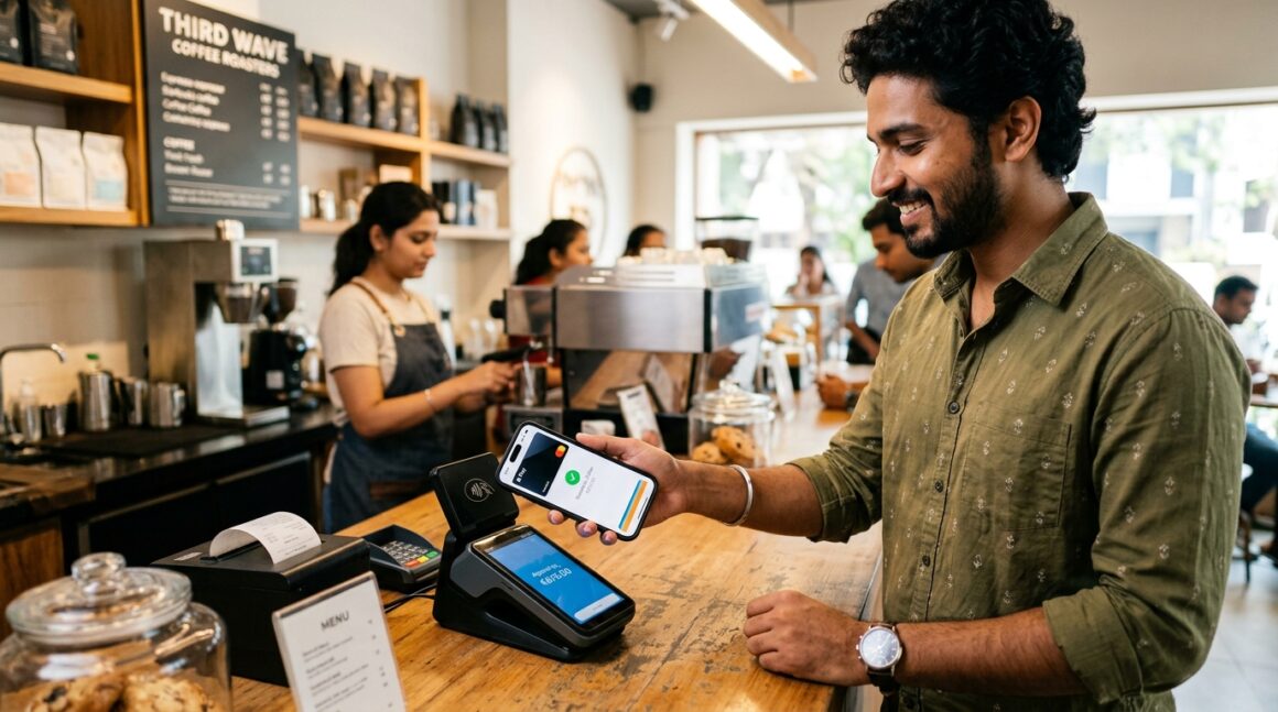Customer making seamless contactless NFC payment using Apple Pay on iPhone at POS terminal in India