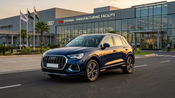 Audi Q3 luxury SUV Navarra Blue metallic finish outside automobile manufacturing plant in India