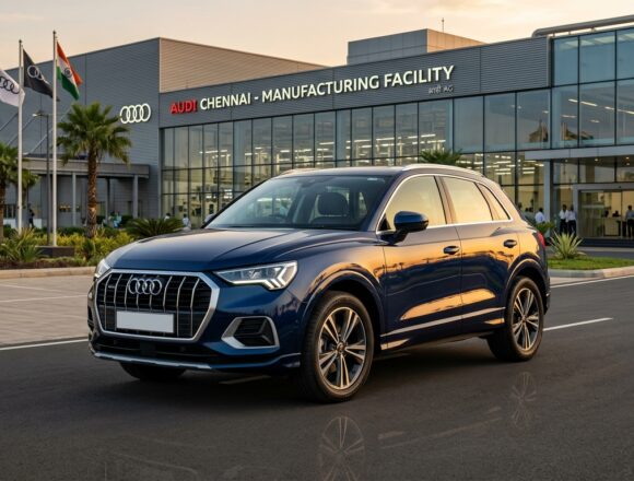 Audi Q3 Next-Gen Local Assembly Chakan Plant Navarra Blue Audi Q3 luxury SUV Navarra Blue metallic finish outside automobile manufacturing plant in India