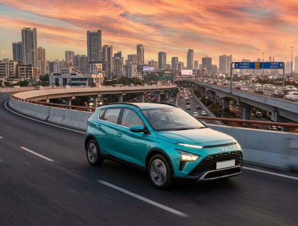 Hyundai Bayon Crossover 2026 India Launch Aqua Turquoise Hyundai Bayon modern intelligent crossover in aqua turquoise cruising on Indian city expressway