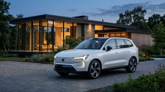 Volvo EX90 electric luxury SUV metallic crystal white Indian highway launch event