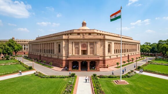 Sansad Bhavan Indian Parliament building exterior in New Delhi with national flag flying