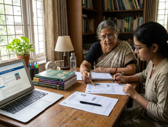 UPESSC 17059 Teacher Recruitment Exam Schedule Uttar Pradesh Indian teacher recruitment aspirant study desk with exam books and portal